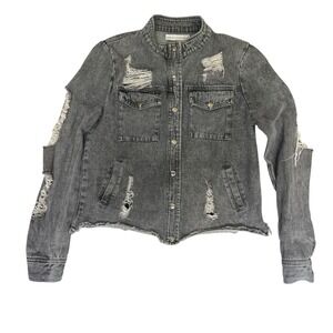 Paper Crane Denim Jacket Women S Black Distressed Biker Boho Hobo Trucker Grunge